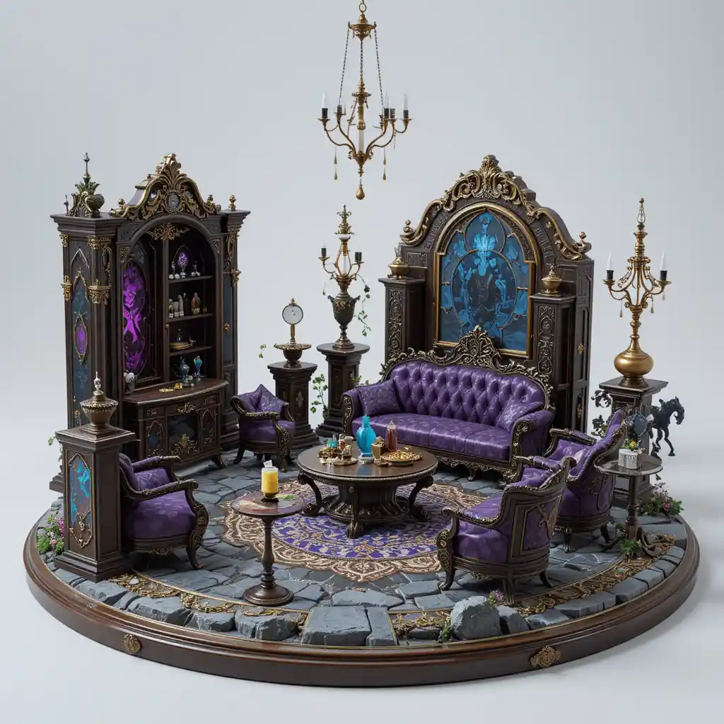 Fantasy 3d diorama of opulent miniature rpg furniture