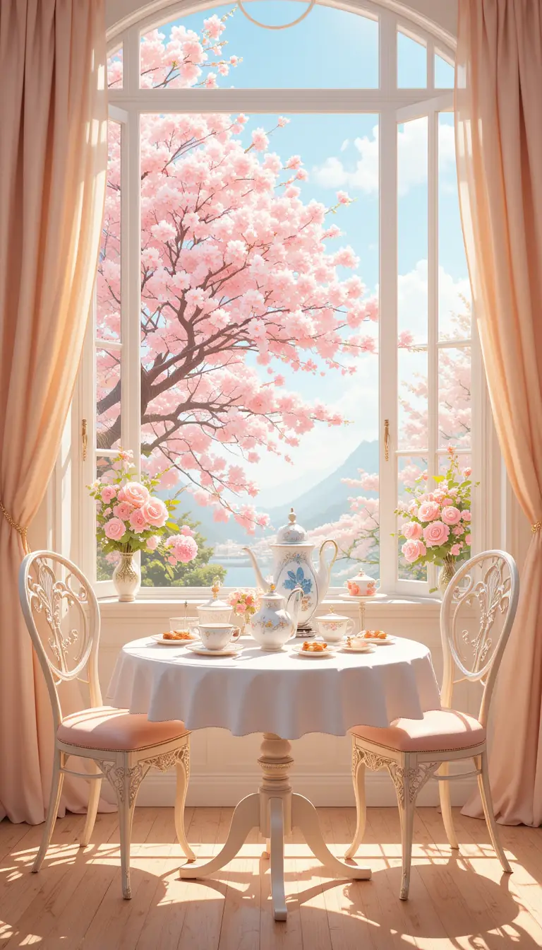 Sunny afternoon tea table by a window with blossoms