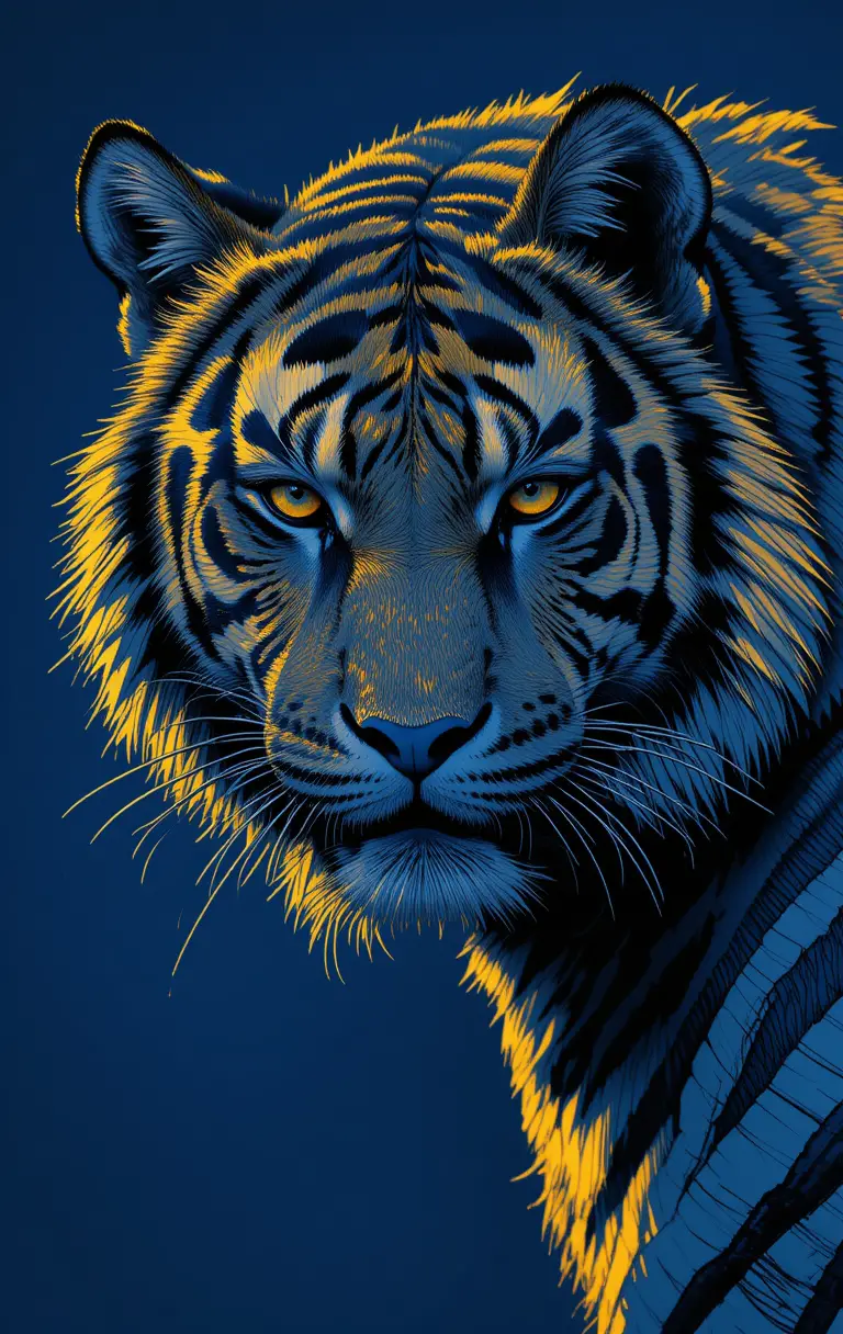 Illustrazione di tigre in line art blu mezzanotte e oro