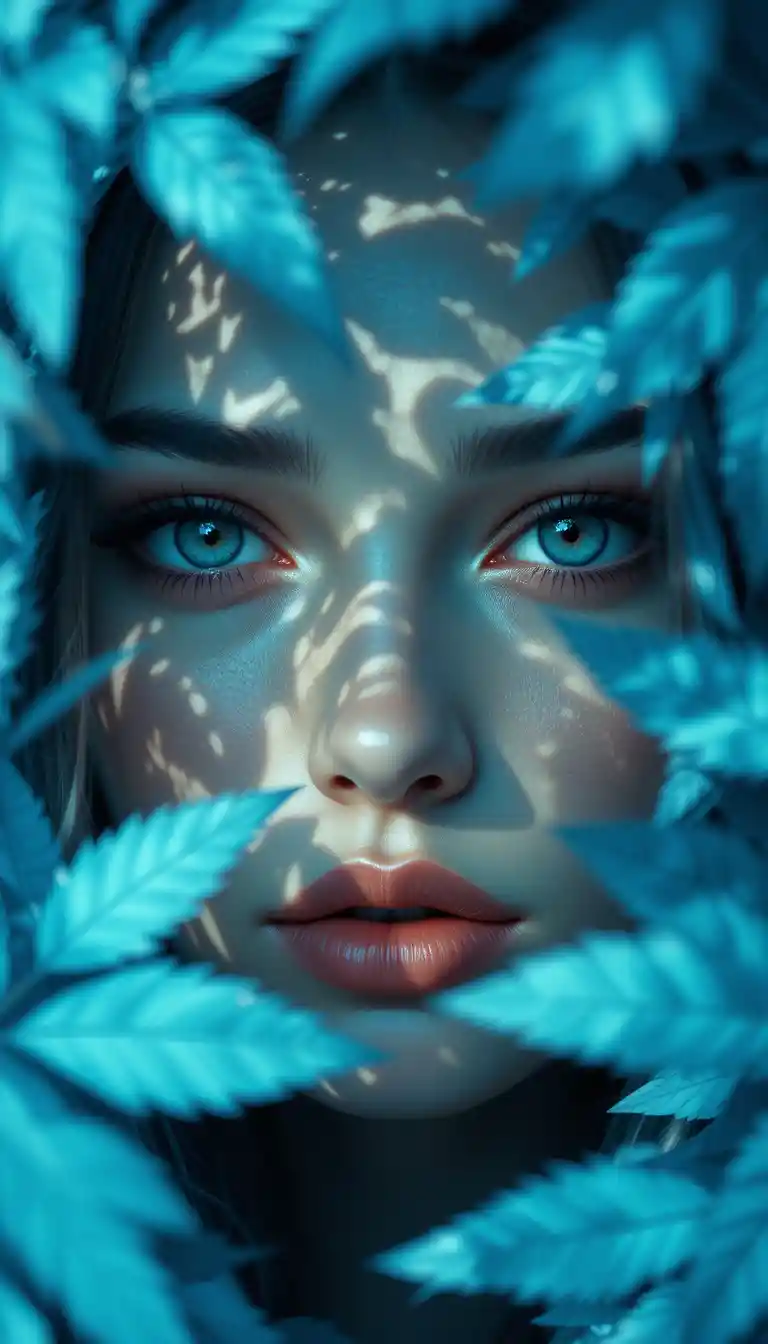 Woman portrait partly hidden by blue stylized foliage