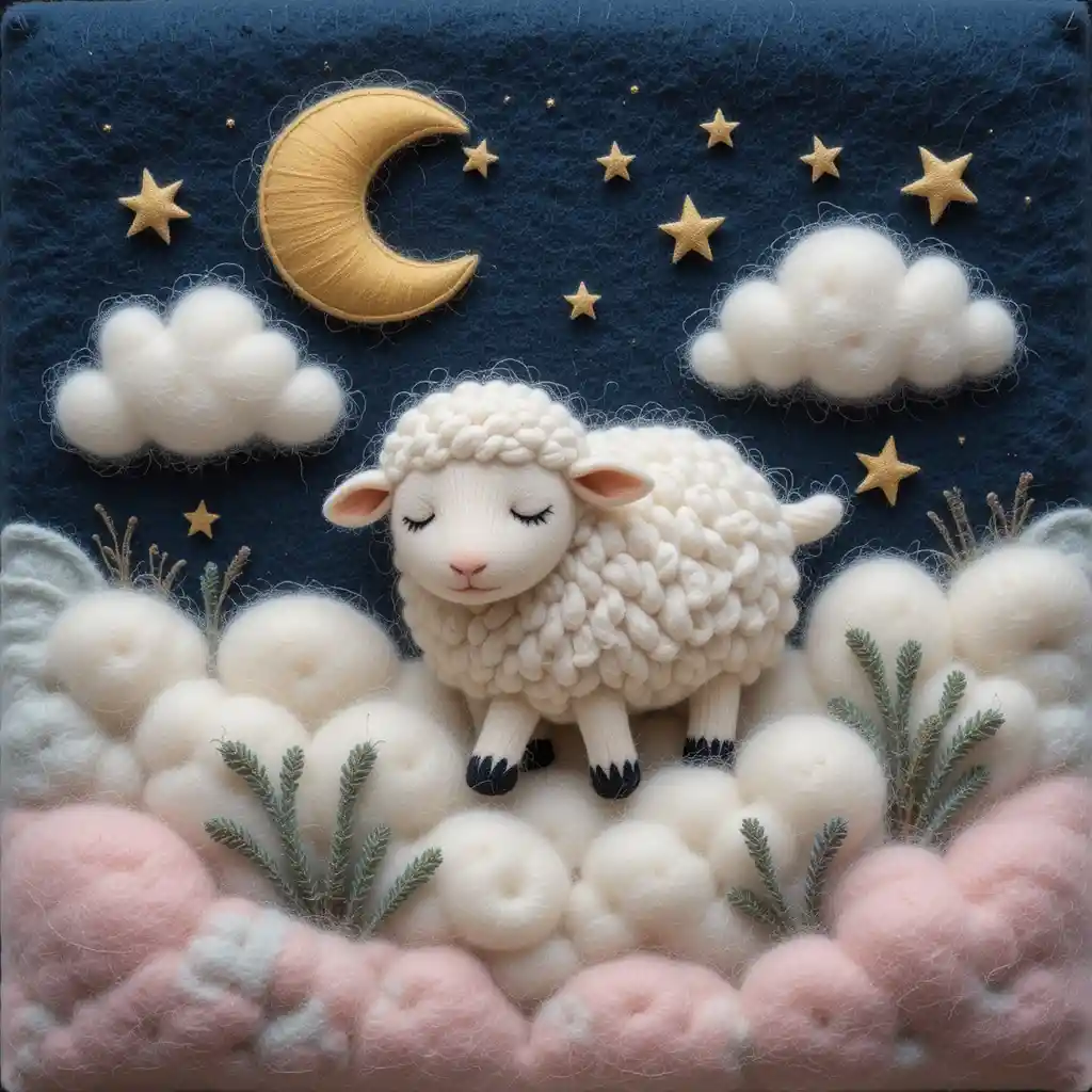 Felt sheep resting in fluffy wool clouds at night