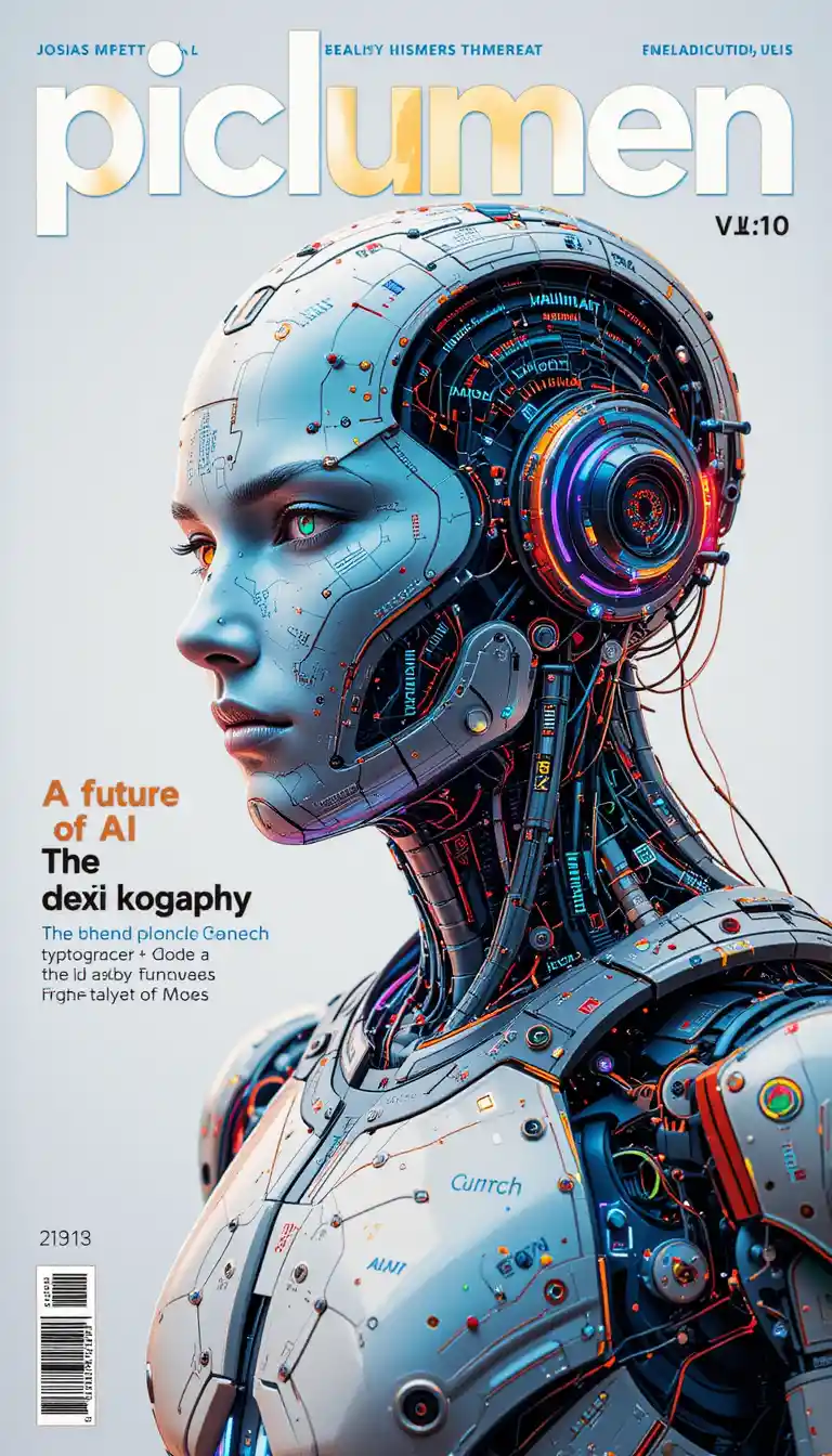 Futuristic text based android on clean magazine cover