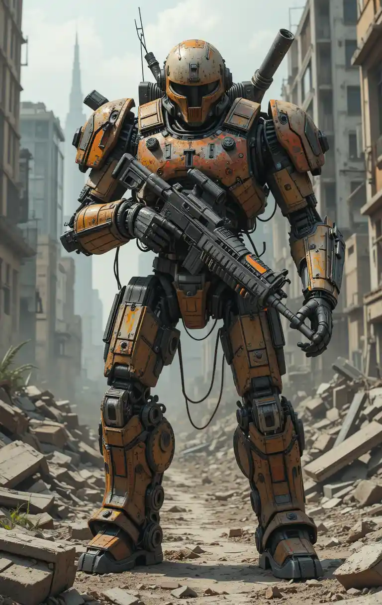Battle worn combat robot patrols a ruined futuristic city