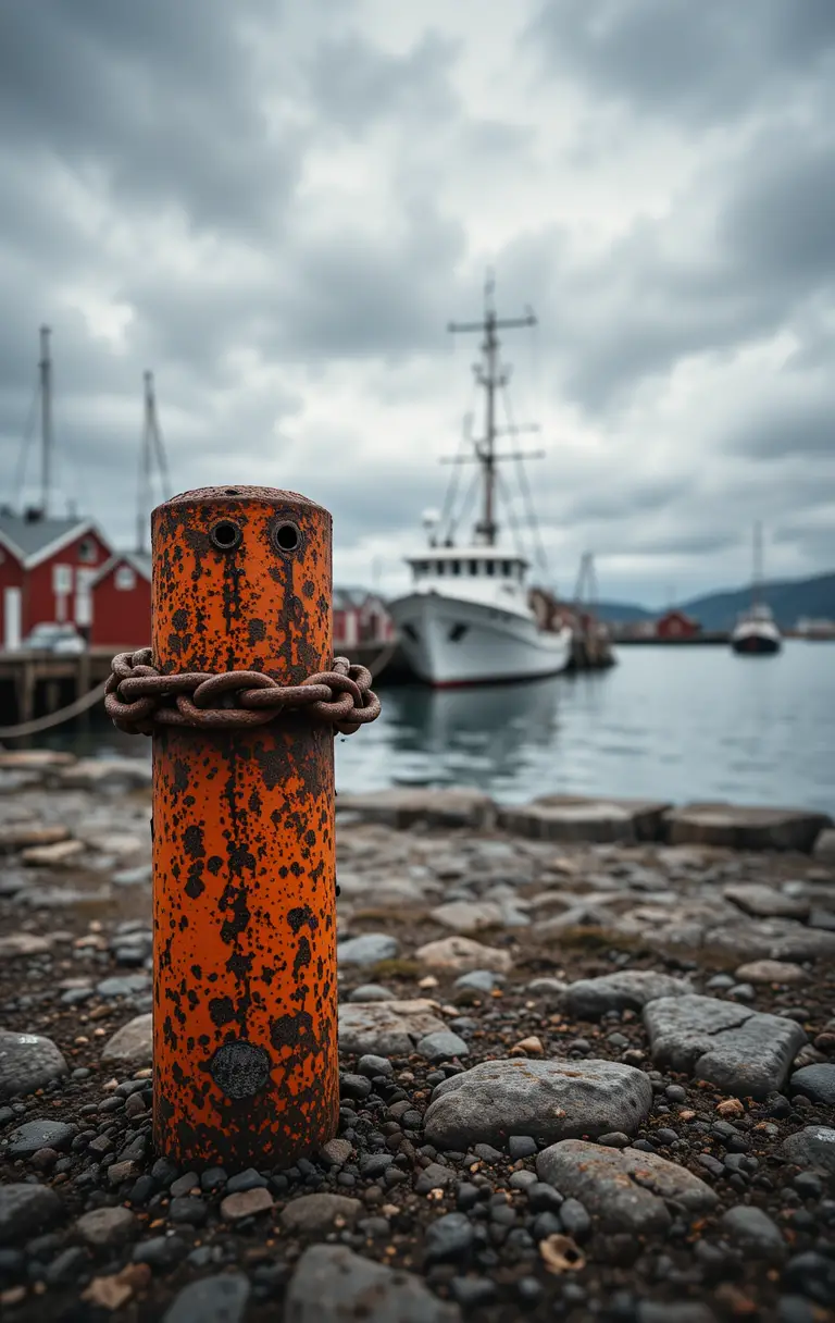 Rostiger Hafenpoller aus der Nähe mit Fischerboot
