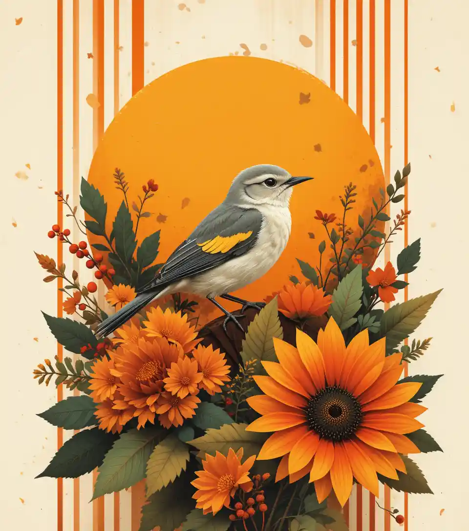 Illustrazione grafica di un uccello tra i fiori autunnali