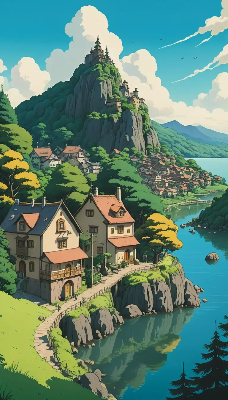 Villaggio sul lago di montagna in morbido stile di illustrazione anime
