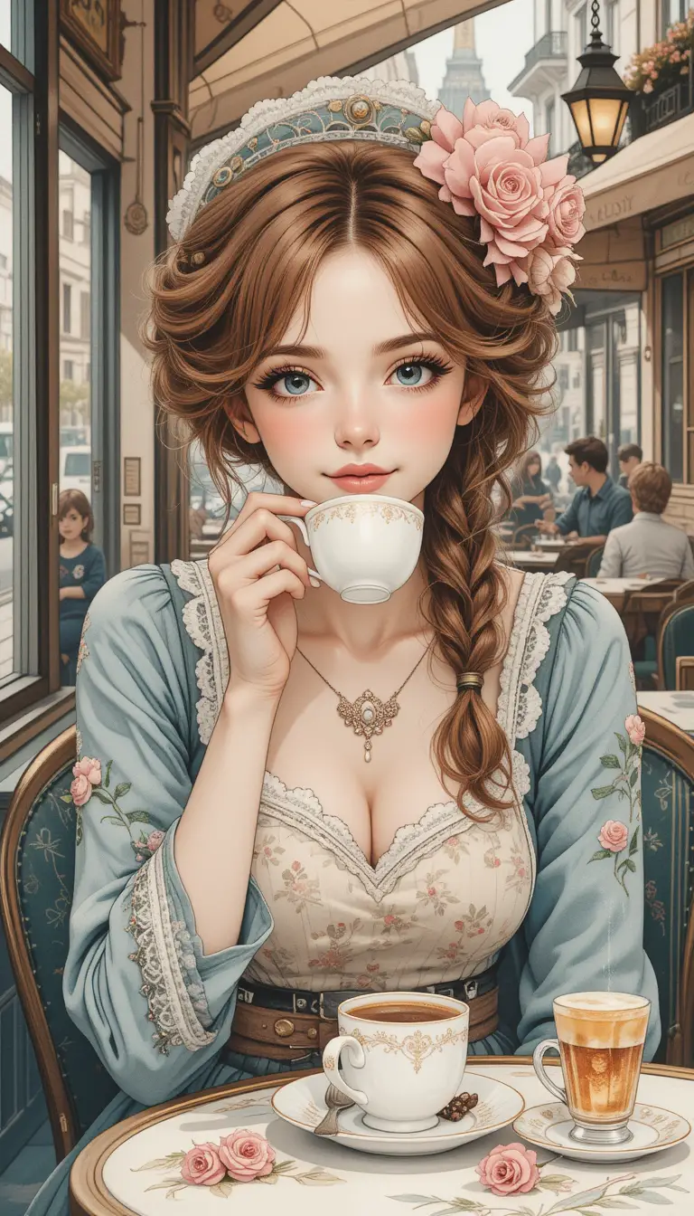 巴黎小酒館裡喝茶的奇幻女子水彩畫
