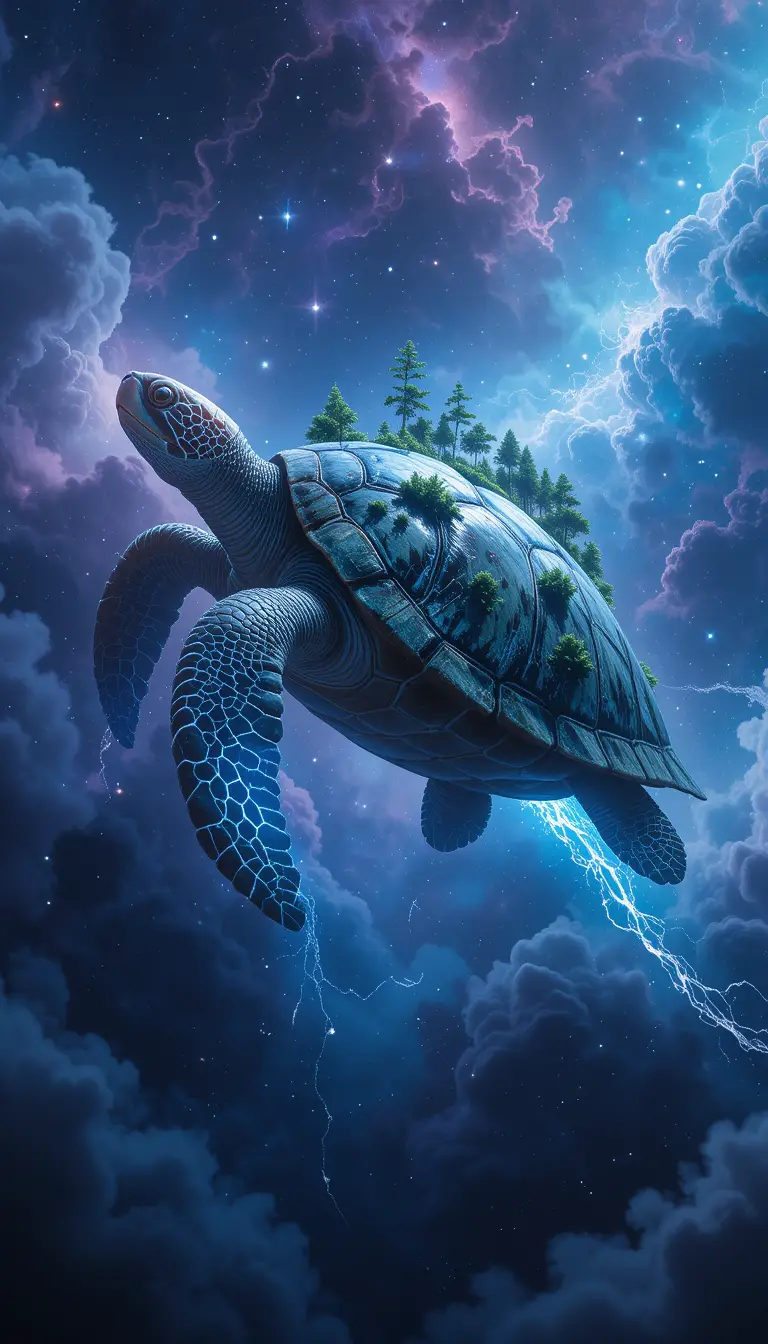Tortue de mer cosmique glissant à travers une nébuleuse lumineuse