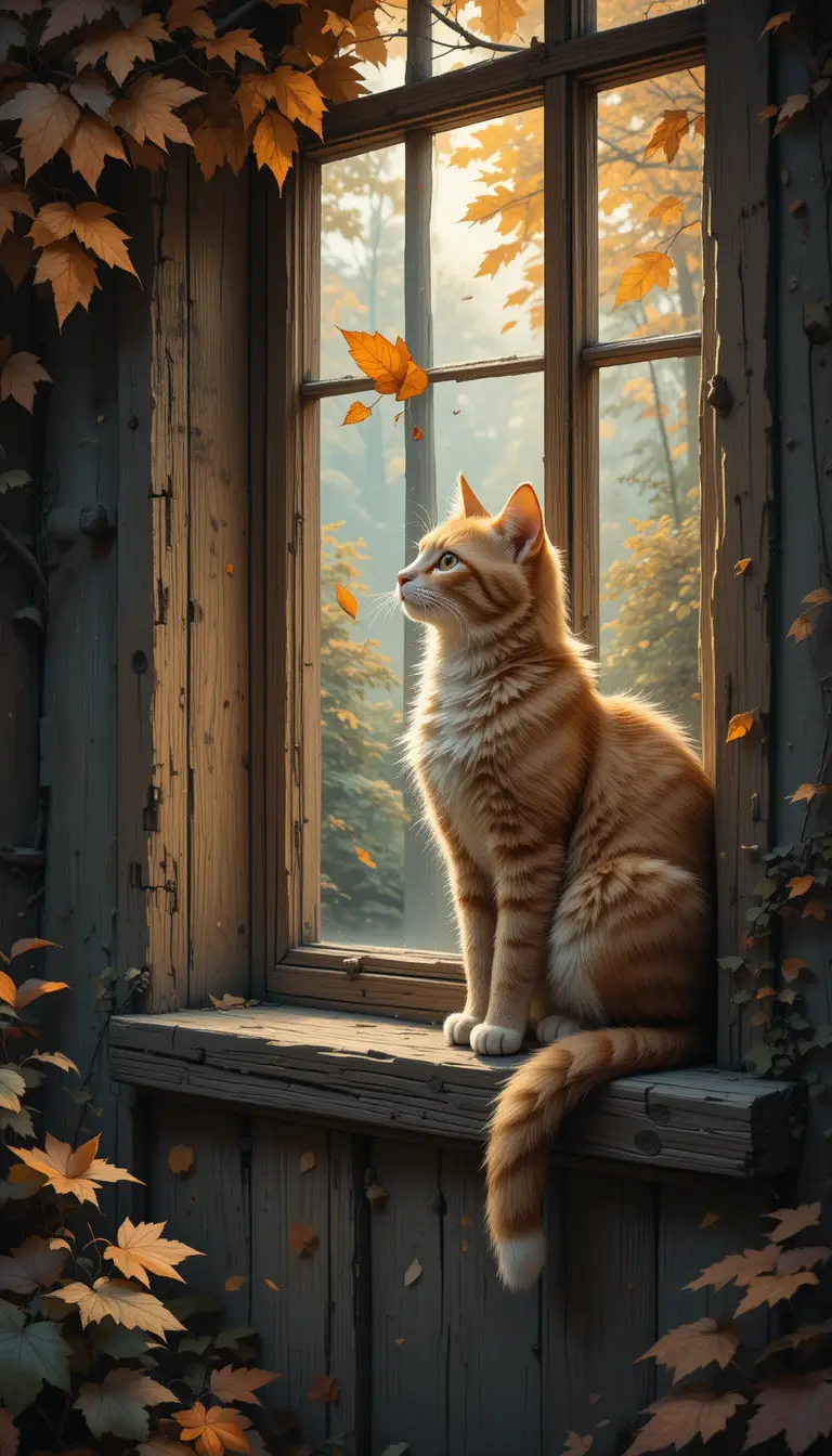 Chat roux sur le rebord de fenêtre d’un cottage observant une feuille d’automne