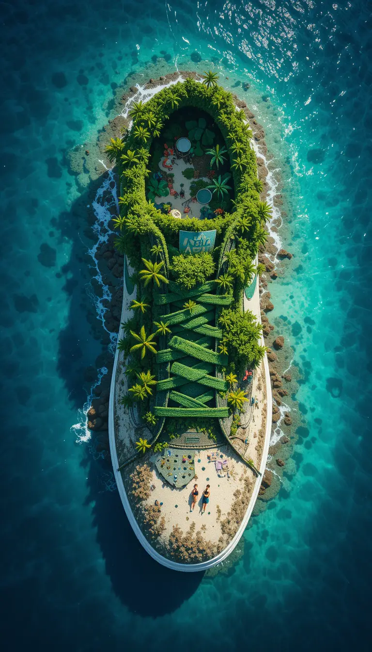 碧綠海水中的熱帶球鞋造型小島