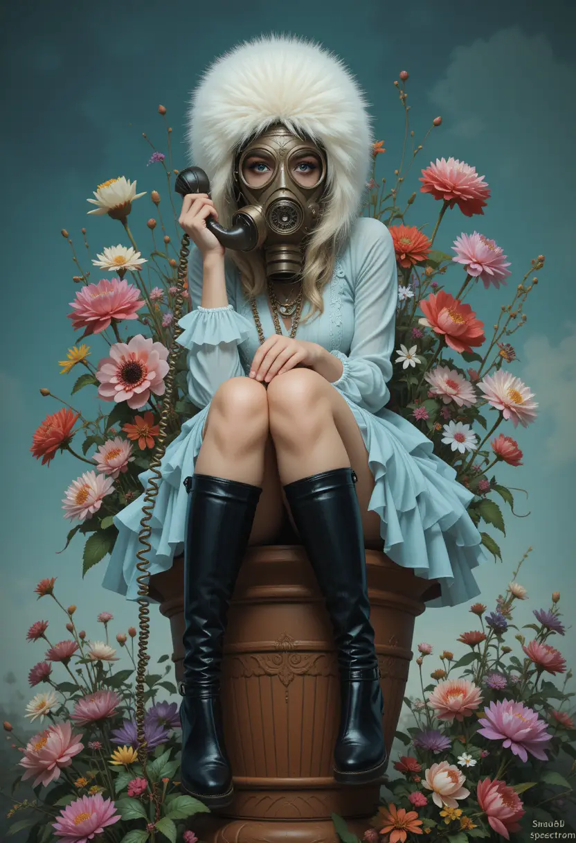 Fantasie-Frau mit Gasmaske, die auf einem Blumentopf sitzt
