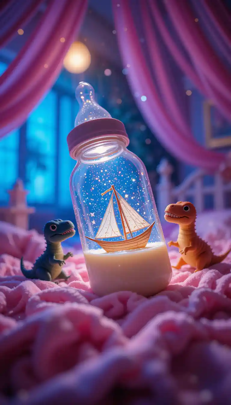 Baby milk bottle sailing with paper boat at night