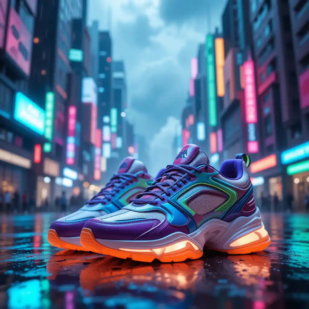 Futuristic 3D sneakers in a neon city rain scene