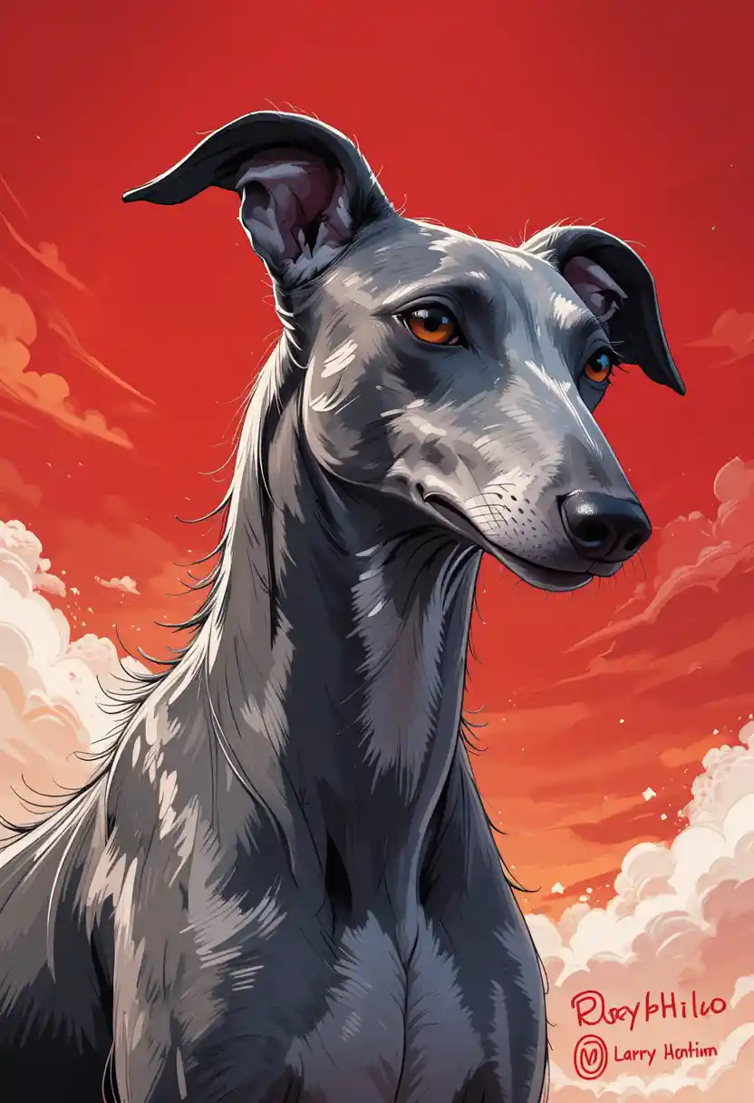 鮮紅天空下的動漫惠比特犬肖像