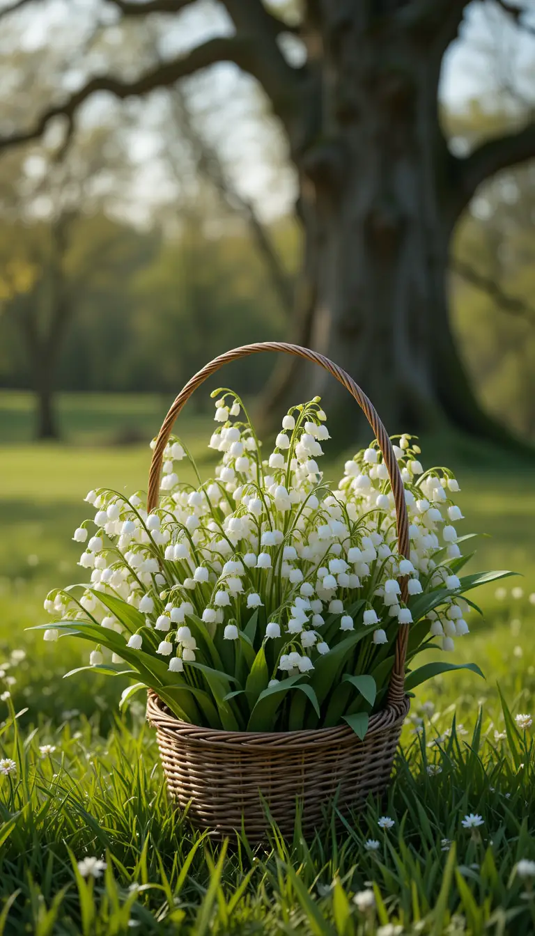 Blumenkorb mit Maiglöckchen auf der Frühlingswiese