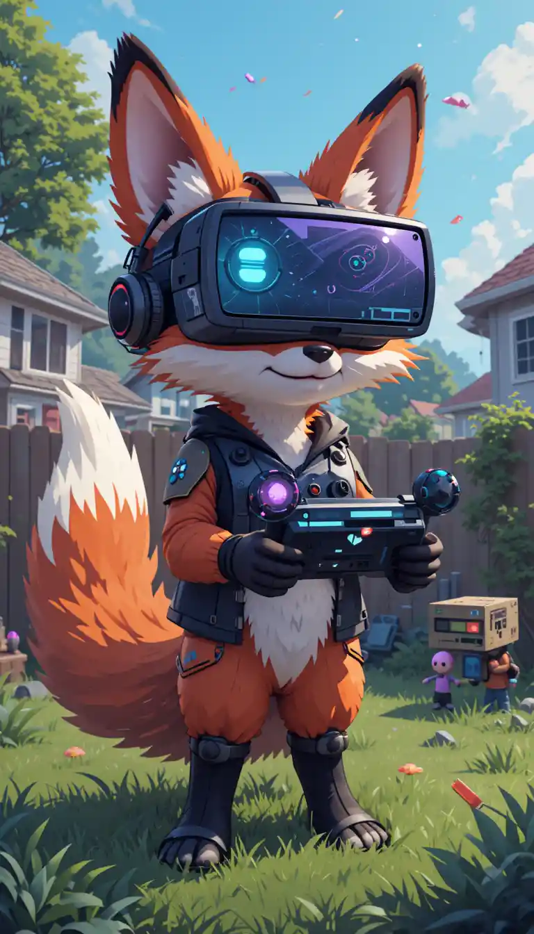 Pixel art fox gamer glitching in a suburban backyard