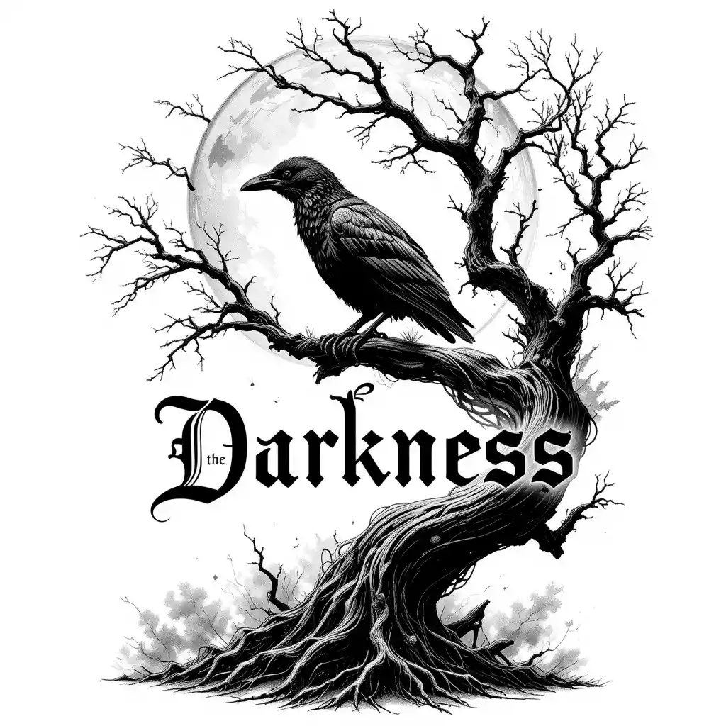 Raven On Twisted Tree Under Eerie Full Moon