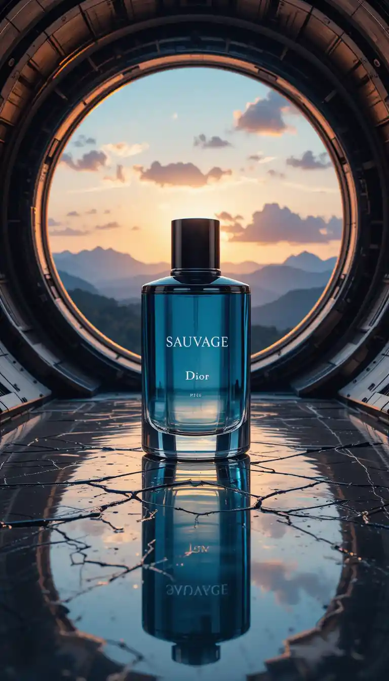 Flacone di profumo di lusso su sfondo di legno industriale futuristico