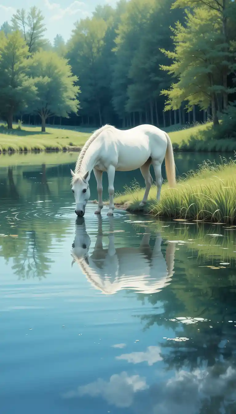 Cavallo bianco che beve sulla riva di un lago calmo e riflettente