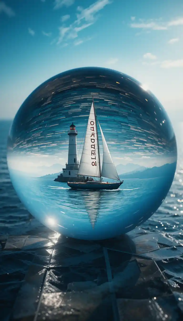 Lighthouse And Sailboat Reflected In Crystal Ocean Sphere