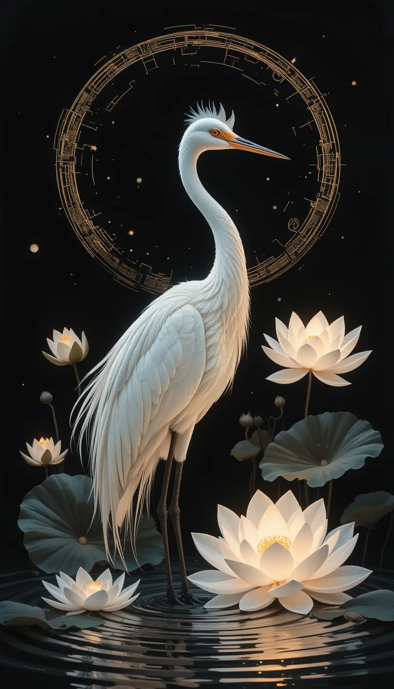 Grue élégante avec lotus lumineux sur eau sombre