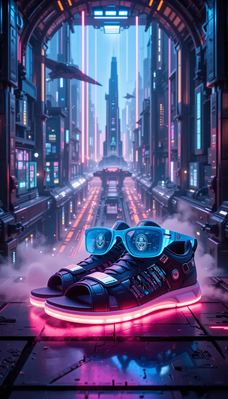 Futuristische Sandalen und Sonnenbrillen über einer neonleuchtenden Sci-Fi-Stadt