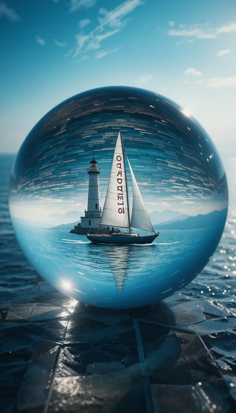晶瑩海洋球體中倒映的燈塔與帆船