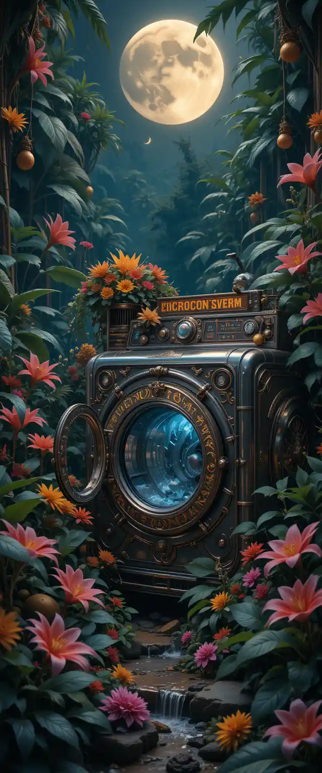 Mystical jungle night with steampunk car and flowers