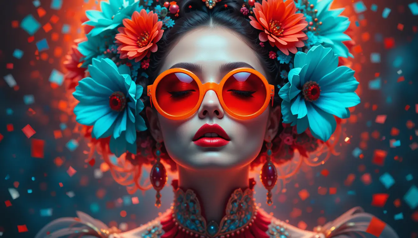 Mysterious woman with flowers and orange sunglasses portrait