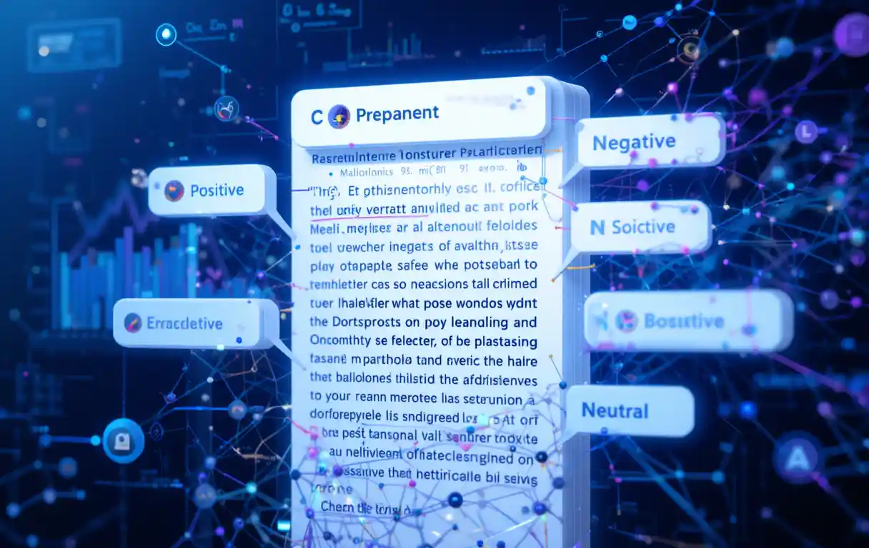 Ai interface analyzing text with sentiment labels and charts
