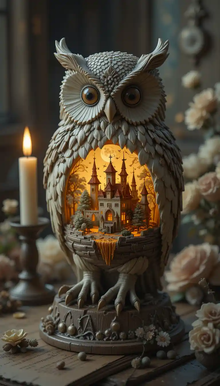 Close up owl sculpture with candle on wooden table