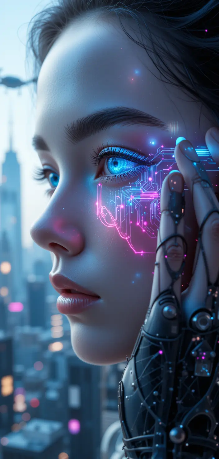 Weiblicher Android hält leuchtenden Datenchip in futuristischer Stadt
