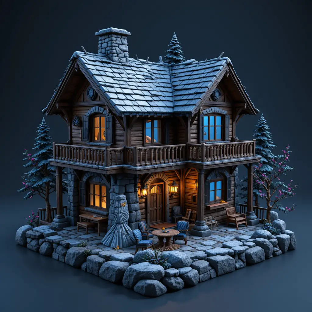 Diorama isométrique 3D de cabane avec vue intérieure et extérieure