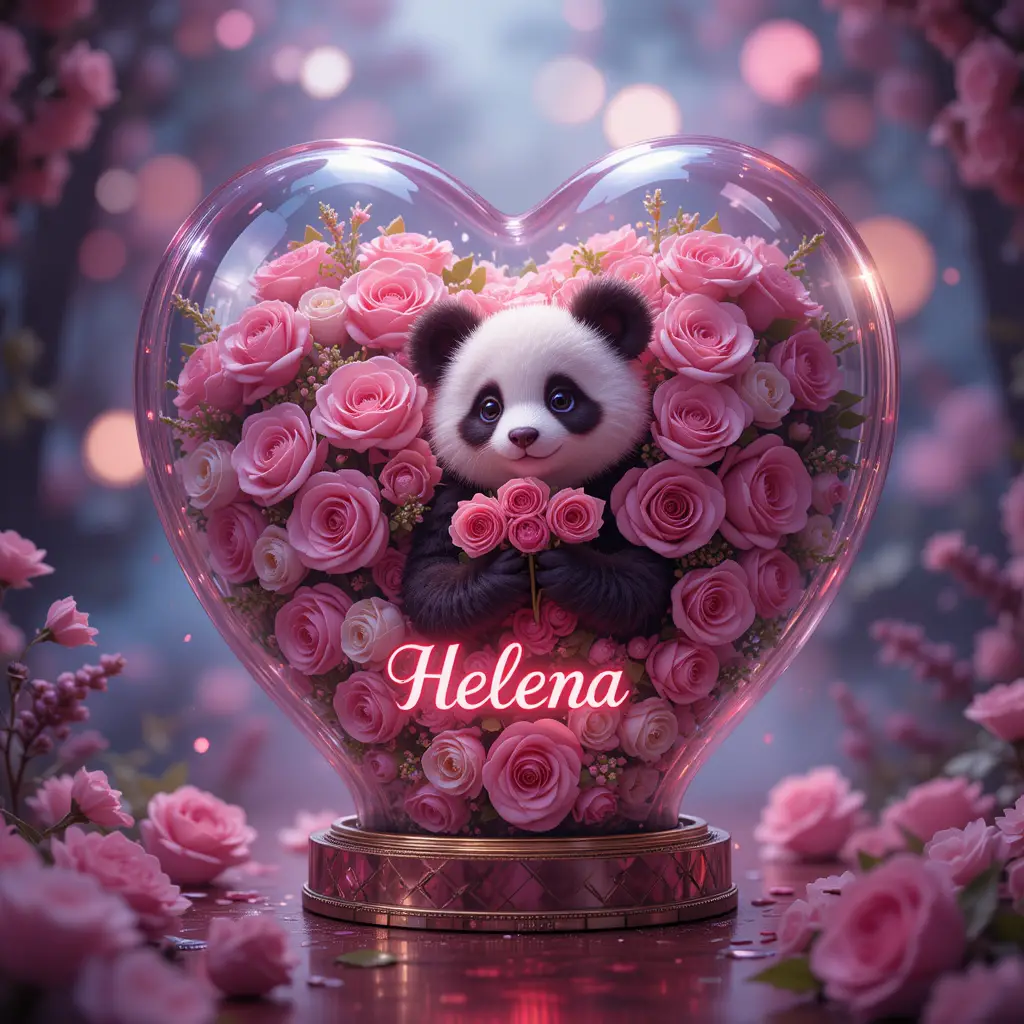 Bouquet de ballons en forme de cœur avec roses et peluche panda trop mignonne