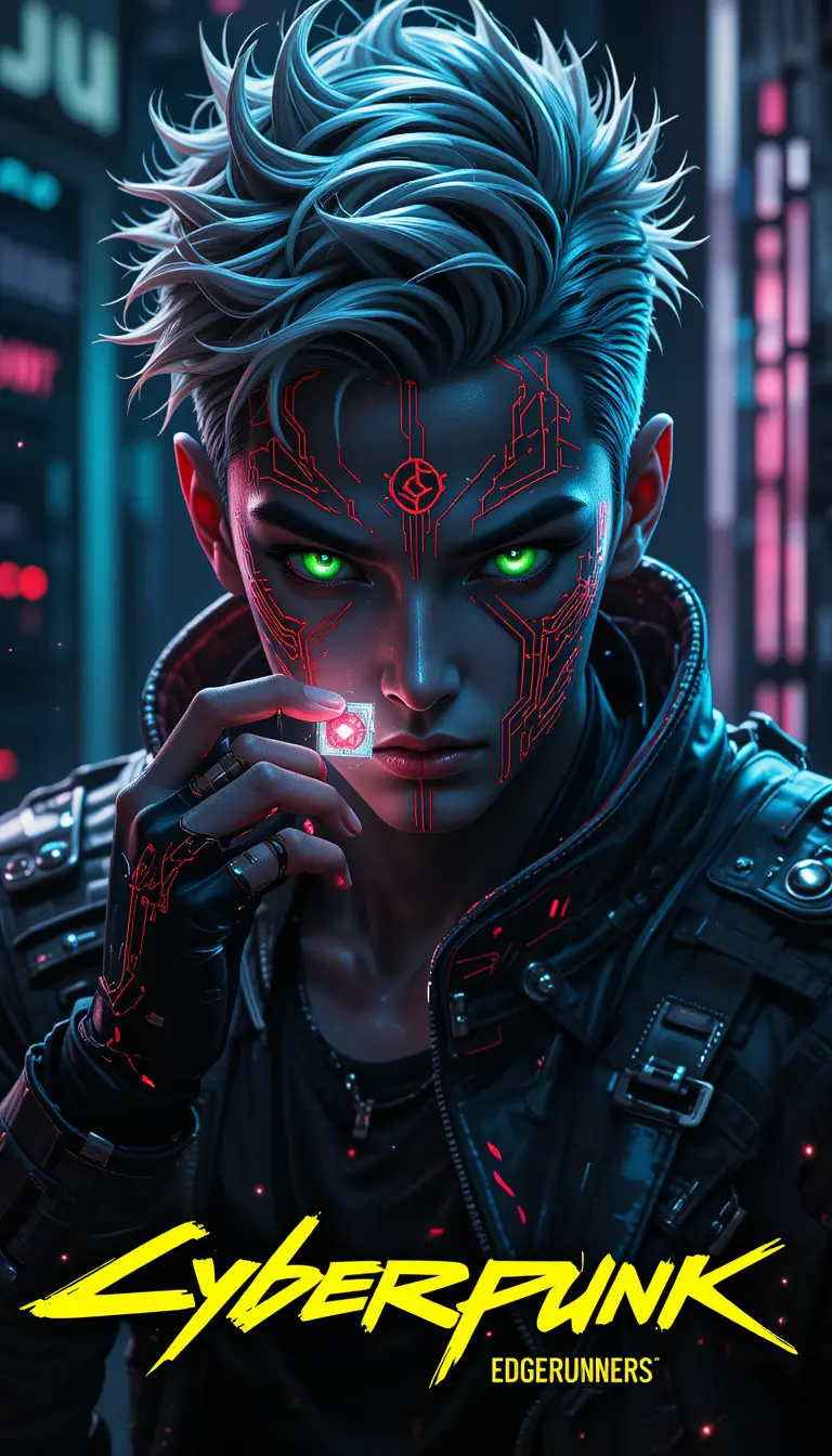 Cyberpunk-Rogue, der einen leuchtenden Datenchip in ein Implantat einsetzt