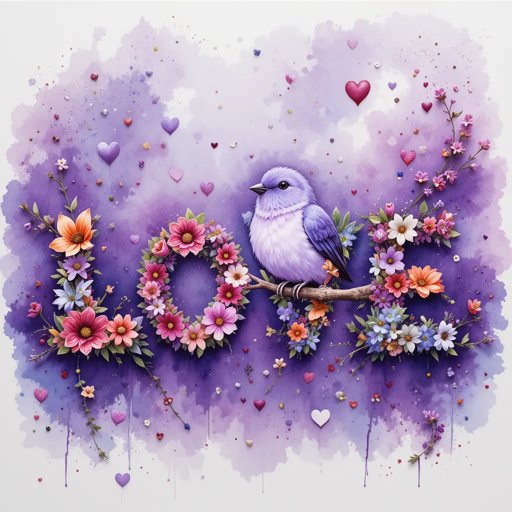 Lettrage d’amour avec oiseau lavande et aquarelle florale