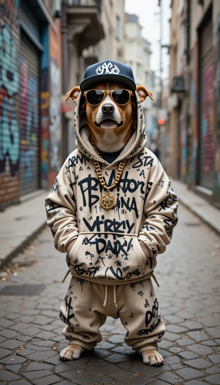 Cane di strada hip hop con felpa larga e catena d’oro