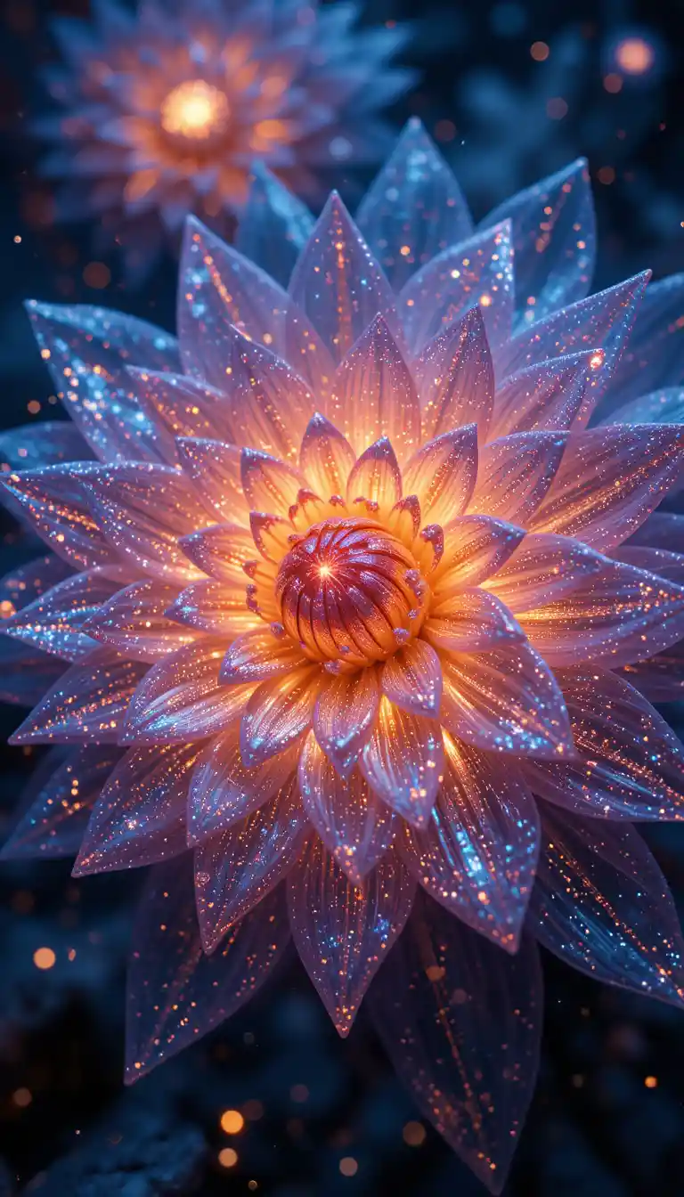 Glowing geometric dahlia of glitter sparkles in fantasy space