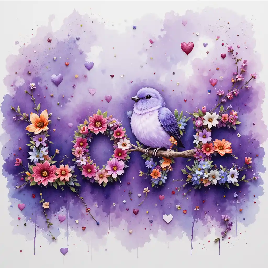 Lettering d’amore con uccello lavanda e acquerello floreale