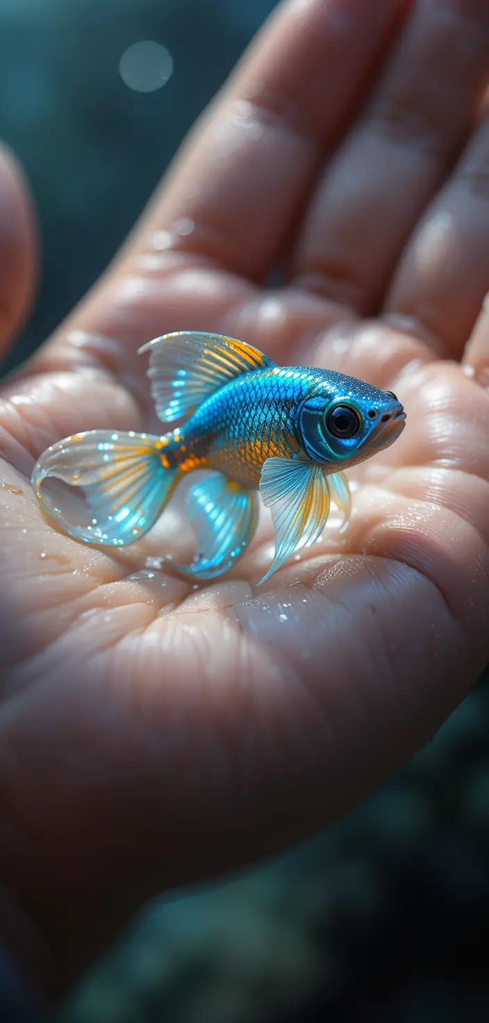 人類手心中休憩的小小藍金色魚