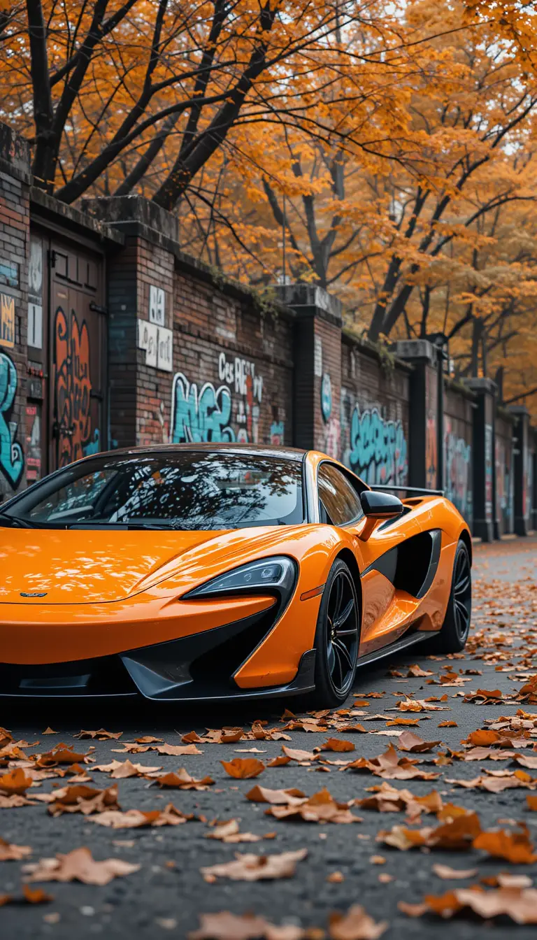 Orange sports car beside brick wall with street art