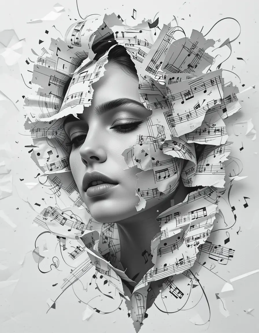 Portrait surréaliste de femme fusionné avec des notes de musique flottantes