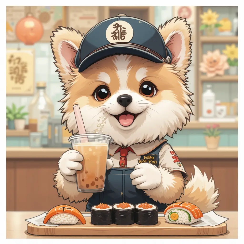 Cagnolino soffice e carino in uniforme da fast food con bubble tea
