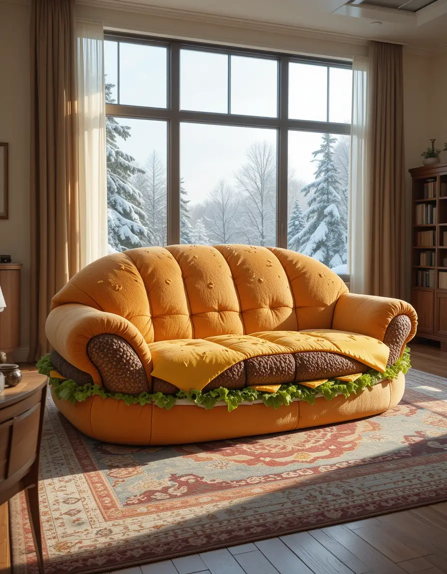 Canapé Hamburger Fantaisiste dans un Salon Moderne et Chaleureux