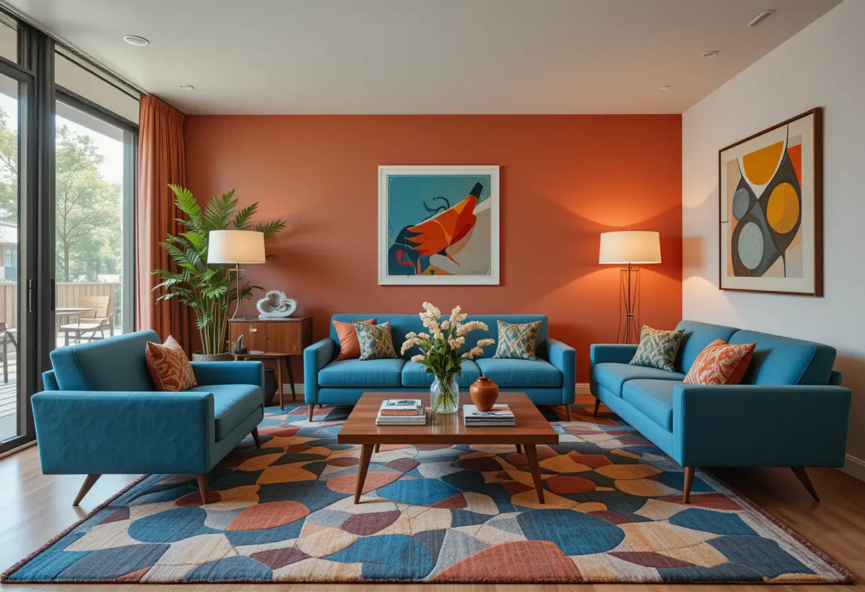 Illustrazione colorata di soggiorno in stile mid-century modern