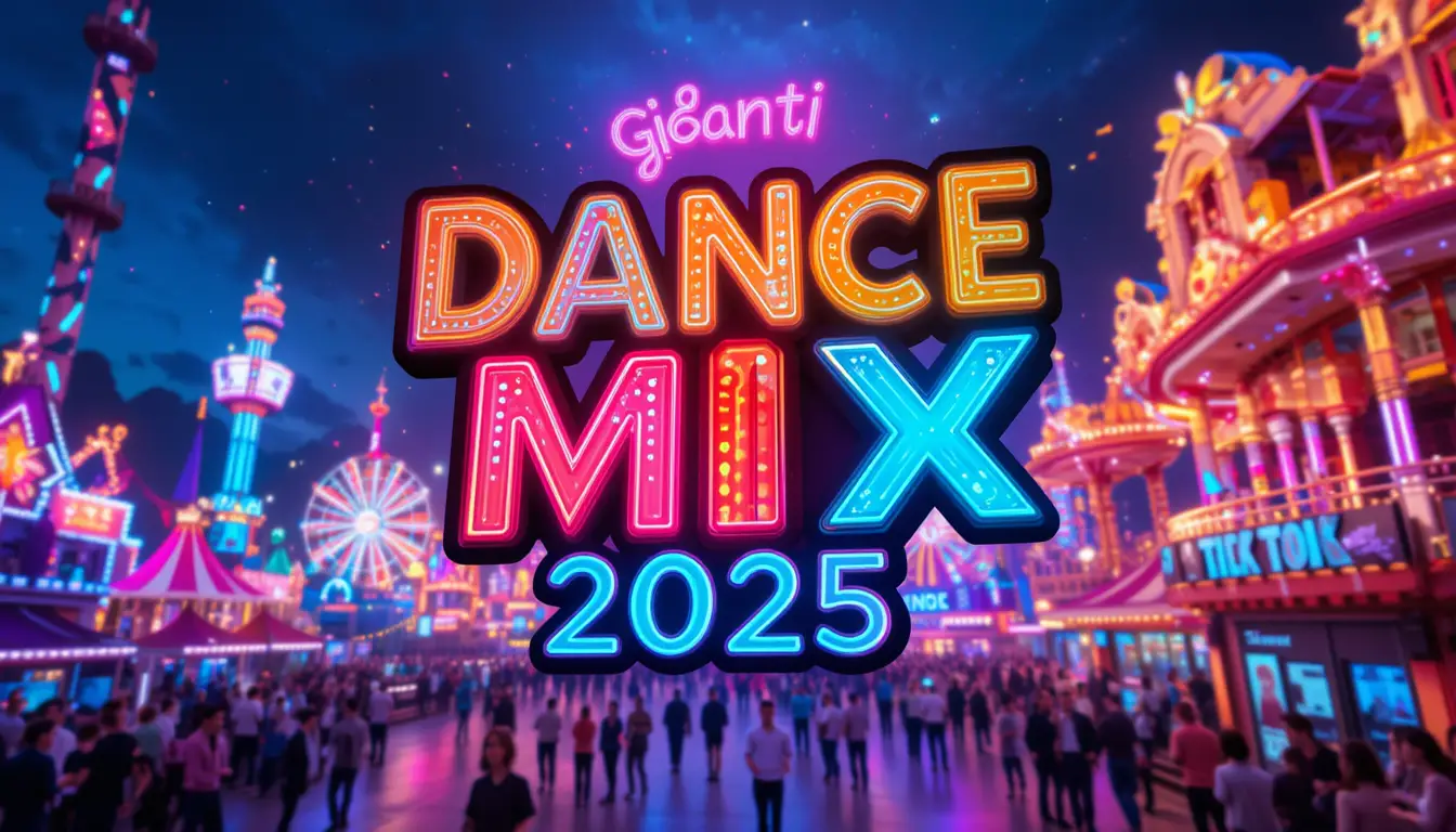 Farbenfrohes Dance-Mix- und Mashup-Logo über einem Neon-Vergnügungspark