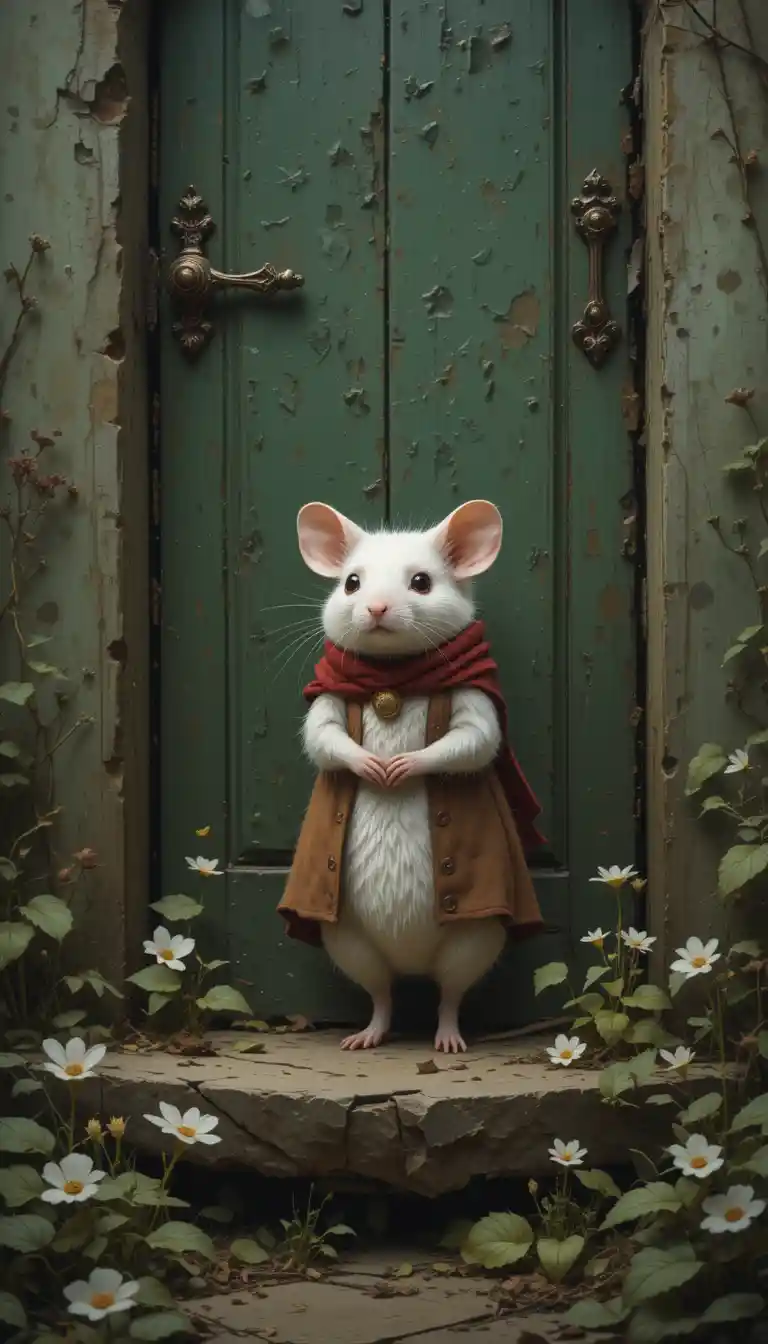 White mouse in red scarf at an old green door