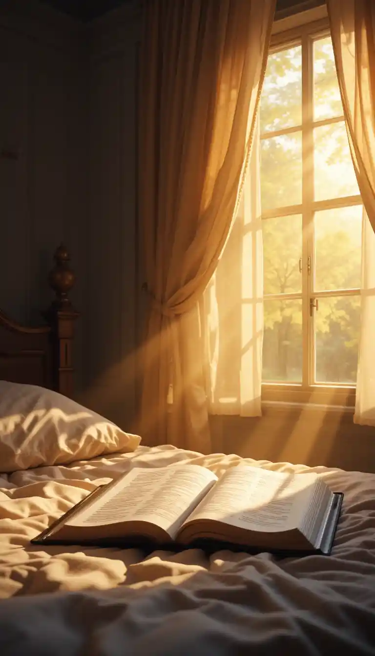 Luce del mattino su un libro aperto in una camera da letto silenziosa