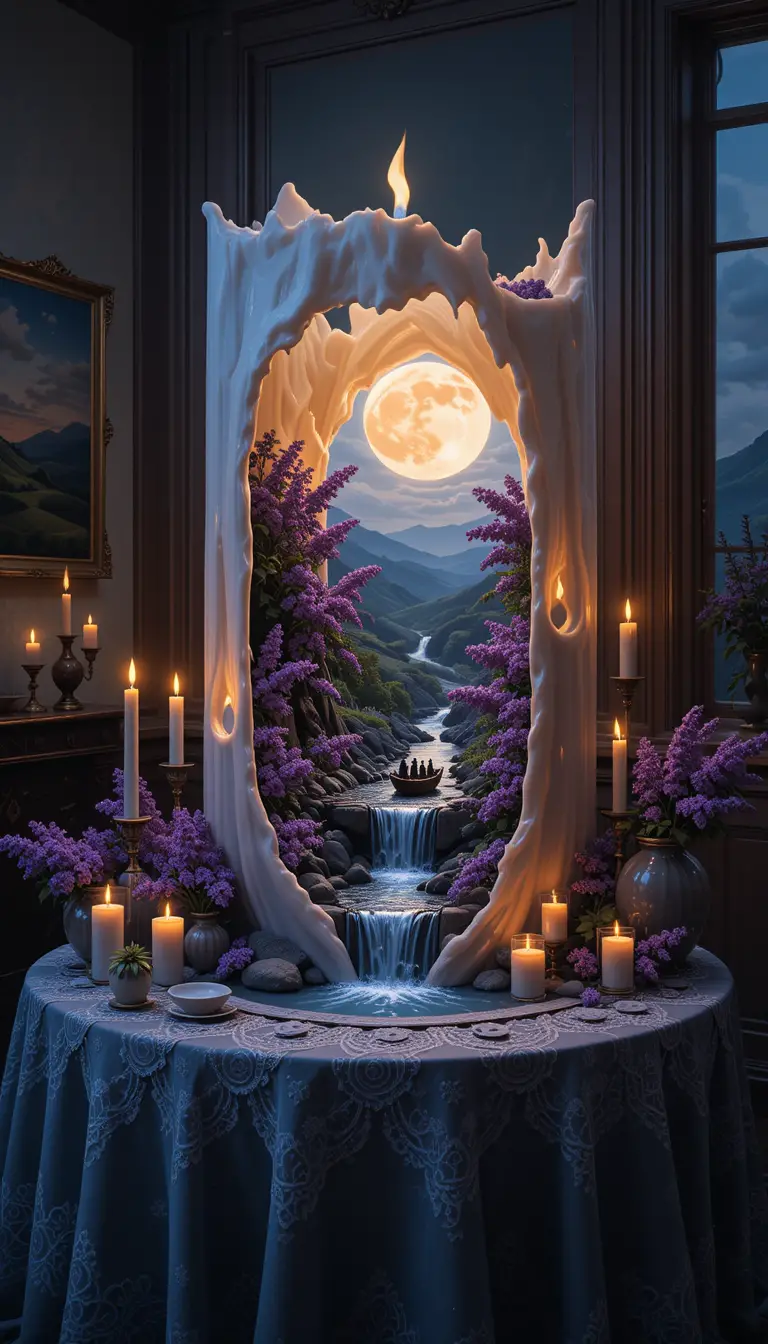 Diorama magique à la bougie avec rivière au clair de lune et lilas