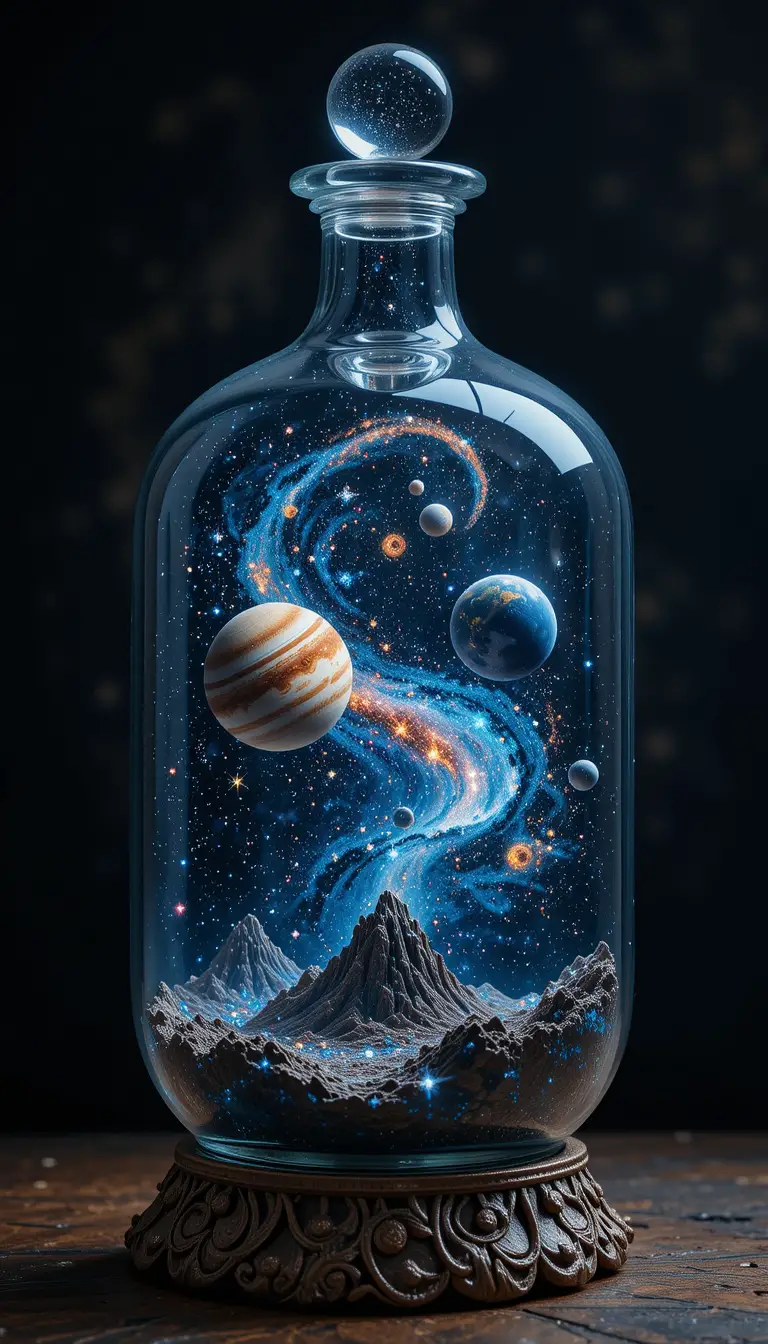 Universo cosmico in miniatura sigillato dentro di una bottiglia di vetro